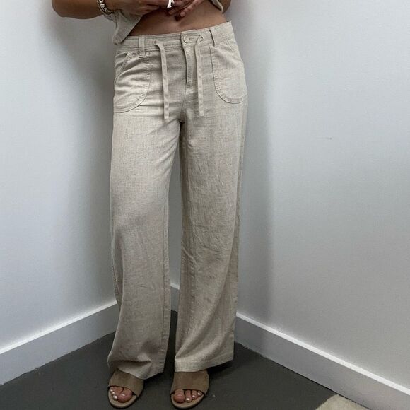 H&M Beige Linen Blend 2 Piece Pant Set Ruche Tie Front Top Wide Leg Size XS/S - Picture 3 of 15
